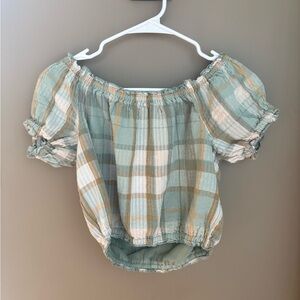 American Eagle Plaid Green and White Cropped Puff Sleeve Blouse